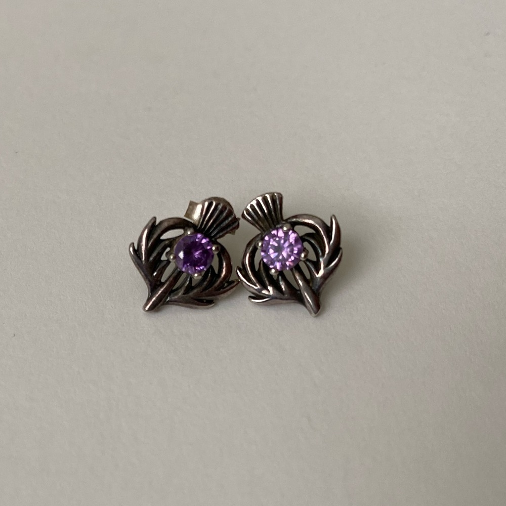 Scottish .925 Silver Thistle Studs with Amethyst stones